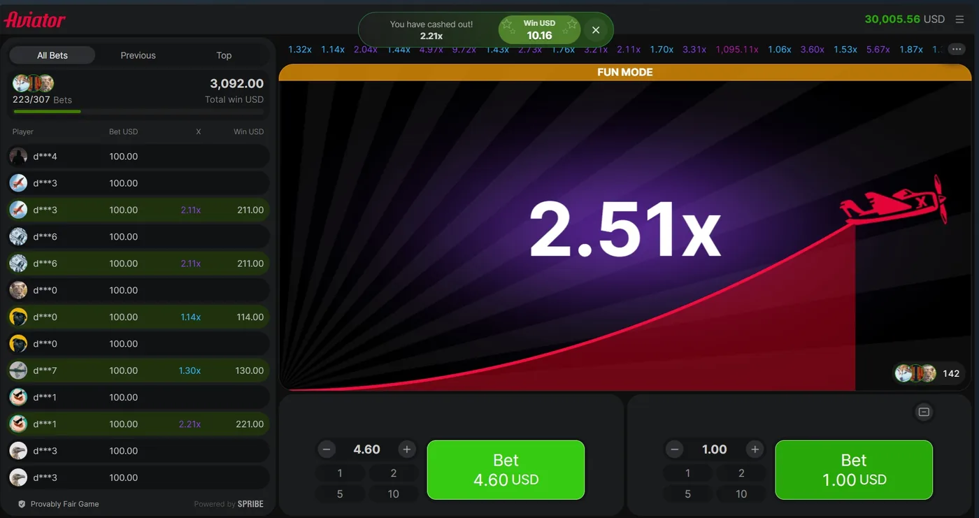A round in flight at 2.51 times with a cash-out notice showing 2.21 times and a win of 10.16 USD
