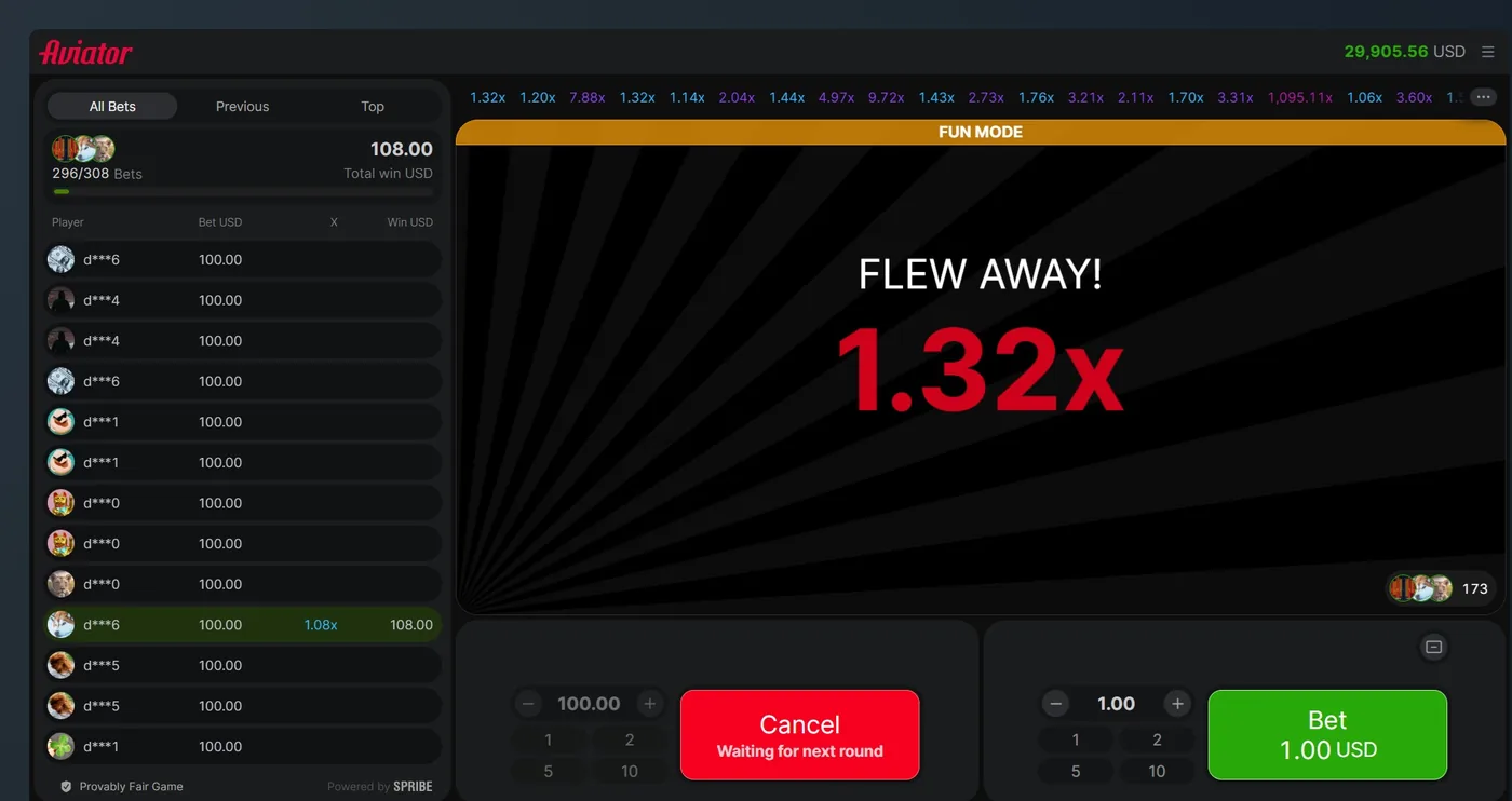 A finished round showing FLEW AWAY at 1.32 times, with a 100 USD stake already committed to the next round