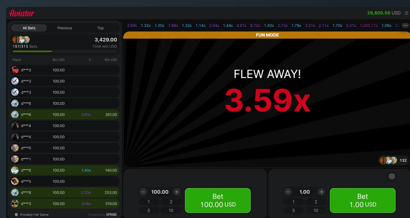 The next round ending at FLEW AWAY 3.59 times with the balance one hundred dollars lower