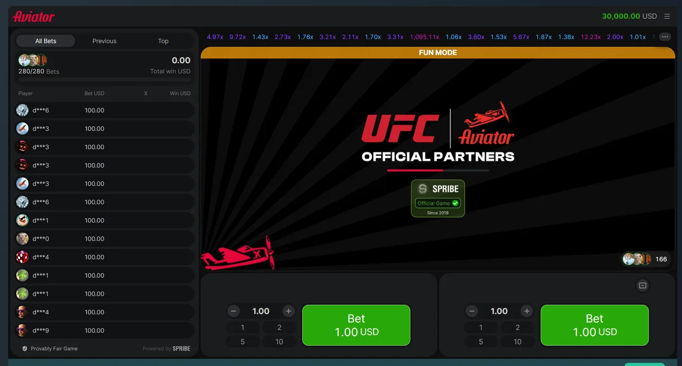 The Aviator game frame in fun mode with a 30,000 USD play balance and the round history strip above it