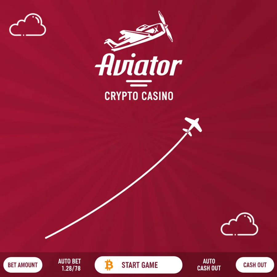 Illustration of an Aviator-style round: a plane climbing on a white curve over a red background, with bet, auto cash-out and cash-out buttons below