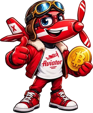 The site mascot: a red Aviator plane holding a Bitcoin coin
